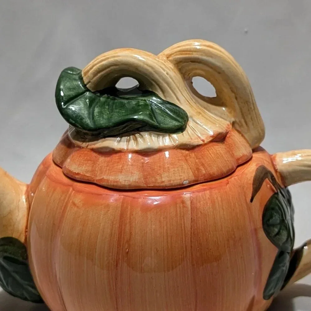 Vintage Ceramic Pumpkin Teapot with Lid and Leaf Detail  Beautiful